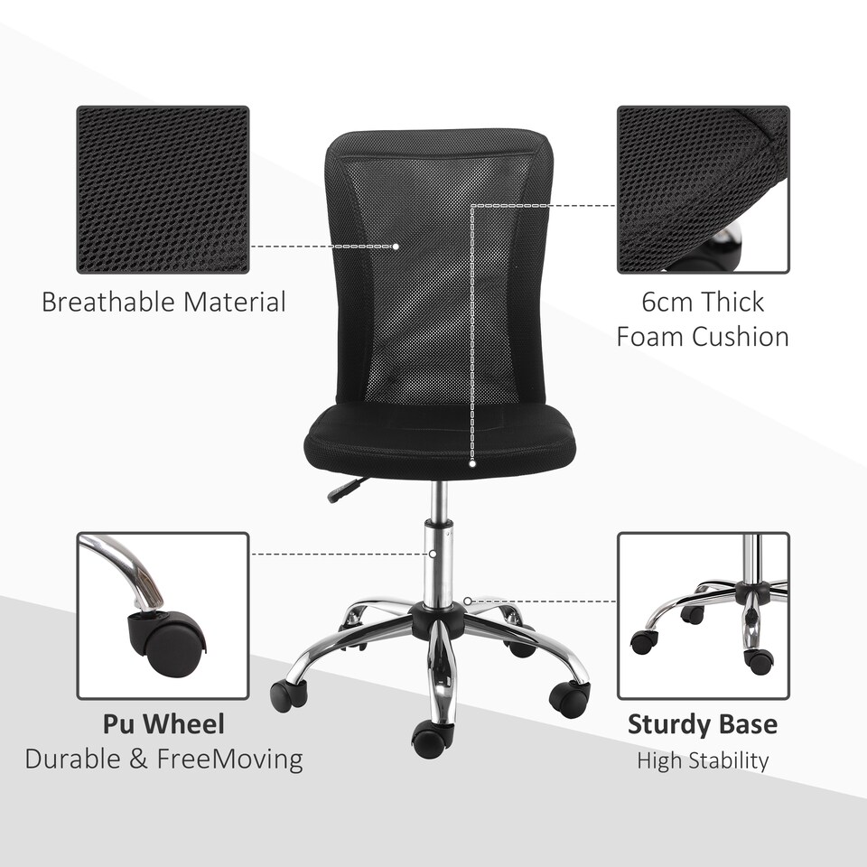 image 1 of Vinsetto Office Chair, Armless Desk Chair, Adjustable Computer Swivel Chair with Rolling Wheels and Mesh Back for Home Work Study, Black