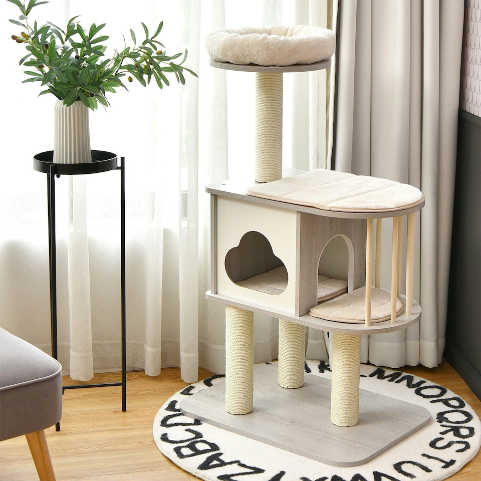 image 1 of COSTWAY Wooden Cat Tower 4-Tier Cat Tree Play Center