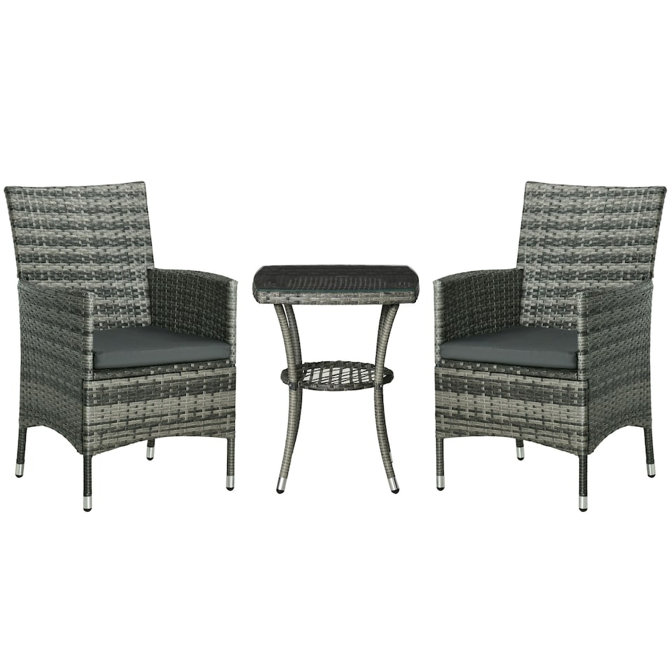 image 1 of Outsunny Rattan Bistro Set Garden Chair Table Patio Outdoor, Mixed Grey