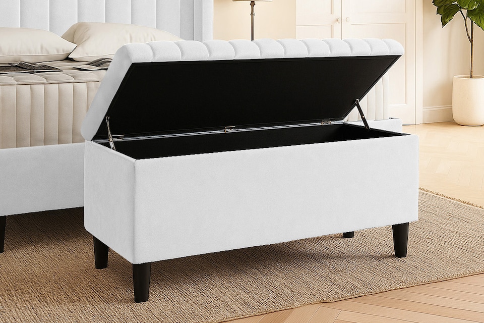 image 1 of 120cm Lined Upholstered Ottoman Storage box - White Plush Velvet Blanket Storage Box with Wooden Legs
