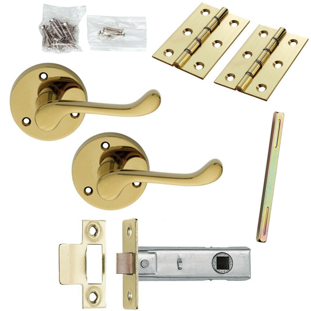Loops Door Handle & Latch Pack Brass Victorian Scroll Curved Screwless Round Rose in Metallics