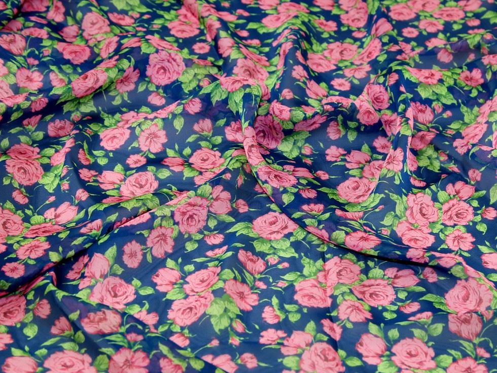 Liberty London Pink on Navy Carline Rose Regent Silk Sheer Chiffon Dressmaking Fabric per metre - 134cm / 52" Wide
