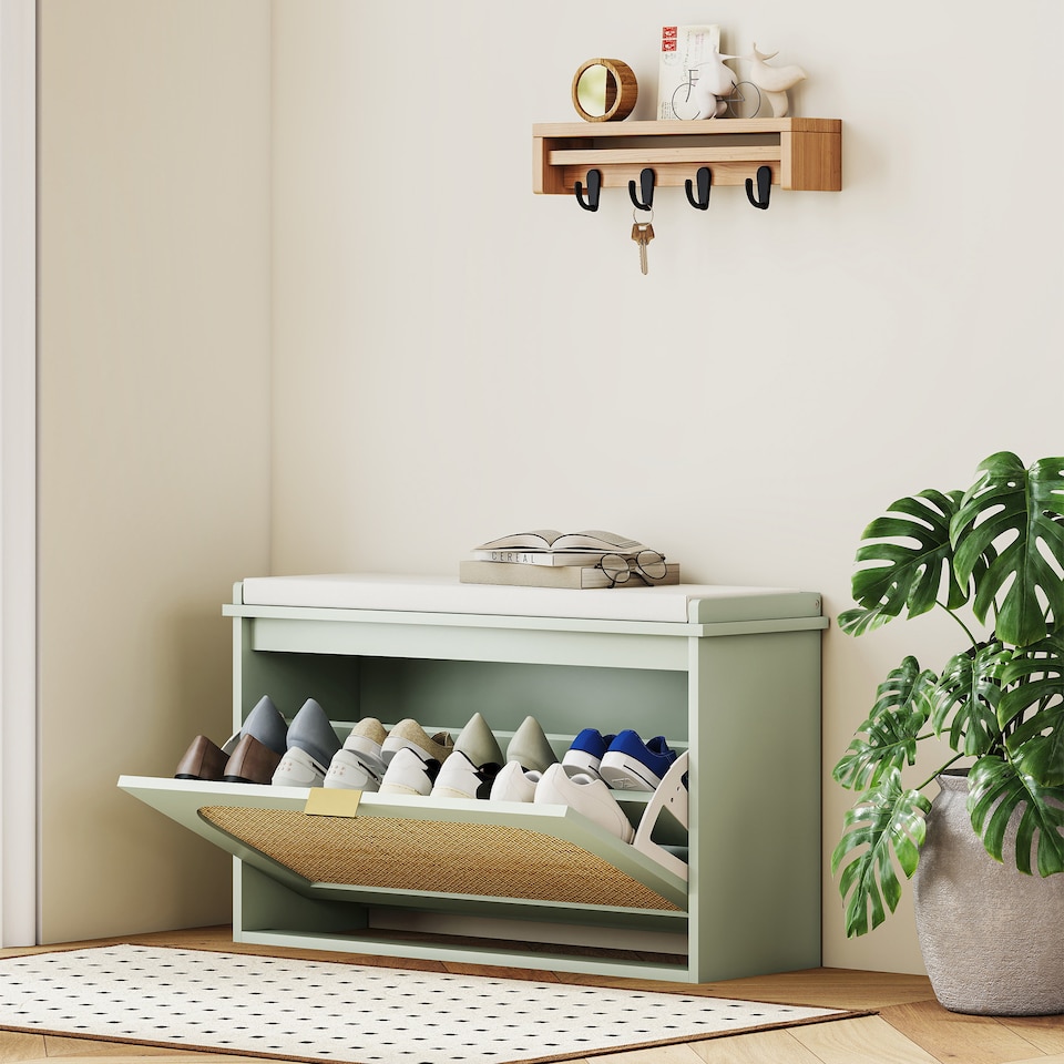image 1 of HOMCOM Narrow Shoe Bench with Padded Seat and Flip-Drawer, Boho Shoe Storage Bench with Rattan Door and Adjustable Shelf for Hallway, Entryway, Holds 8 Pairs, Light Green | Green | Light Green
