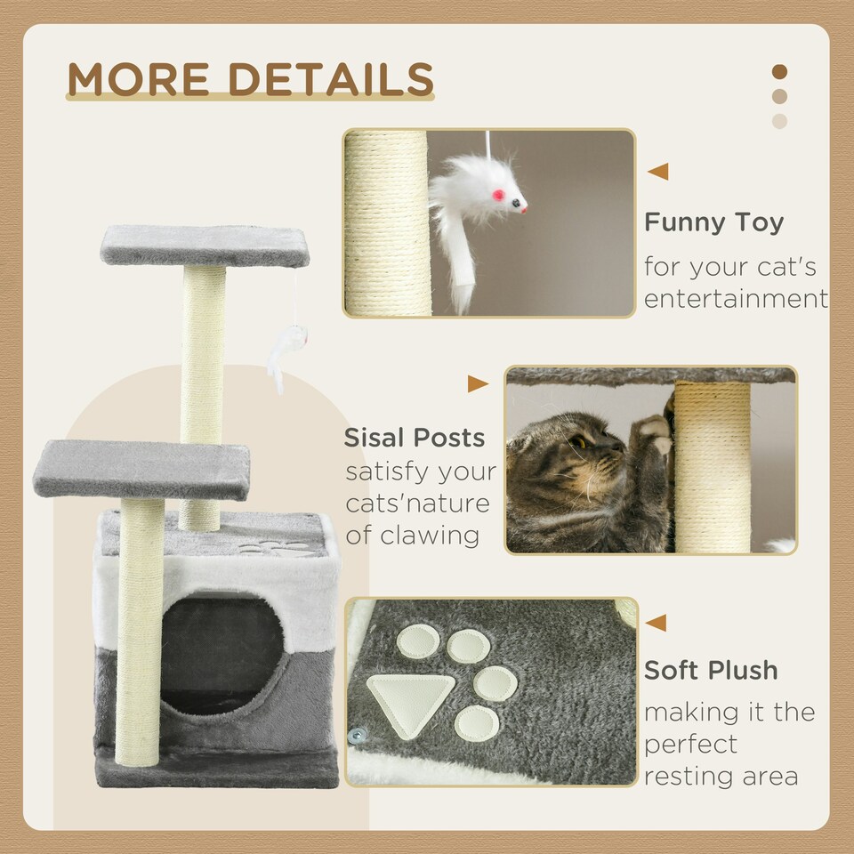 image 1 of PawHut Cat Tree Tower Kitten House Scratching Post with Mouse Toy Grey