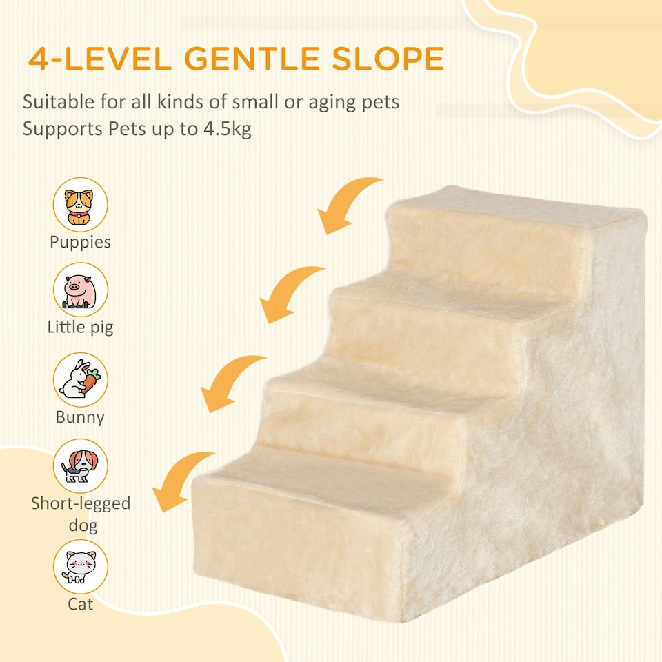 image 1 of PawHut Four-Step Portable Dog Stairs with Washable Plush Cover, Beige