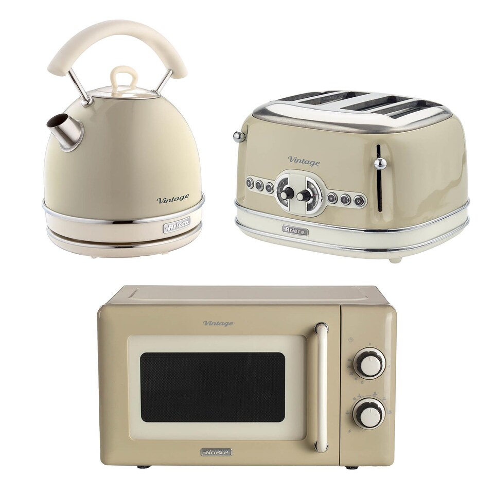 Ariete Vintage Breakfast Set, Retro 4-Slice Toaster with 6 Browning Levels, 2000W Fast-Boil Kettle & 800W Microwave, Cream
