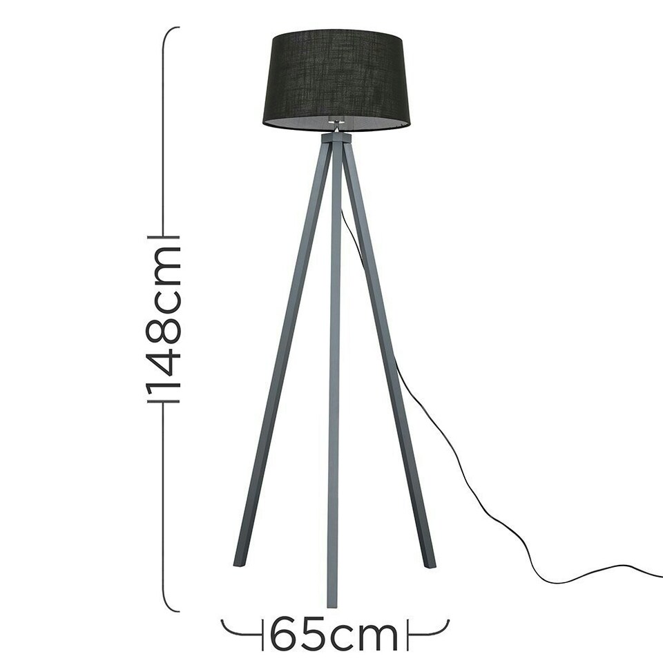 image 1 of ValueLights Modern Grey Wood Tripod Floor Lamp With Black Faux Linen Shade