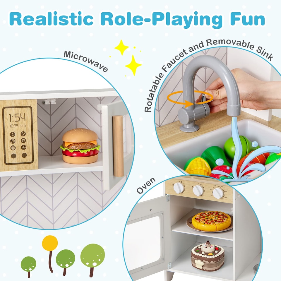 image 1 of COSTWAY Kids Kitchen Playset Pretend Play Kitchen Set with Sounds-White
