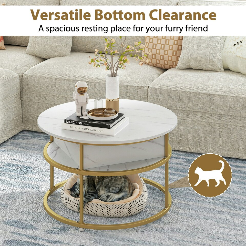 image 1 of COSTWAY Lift Top Coffee Table with Side Shelves White