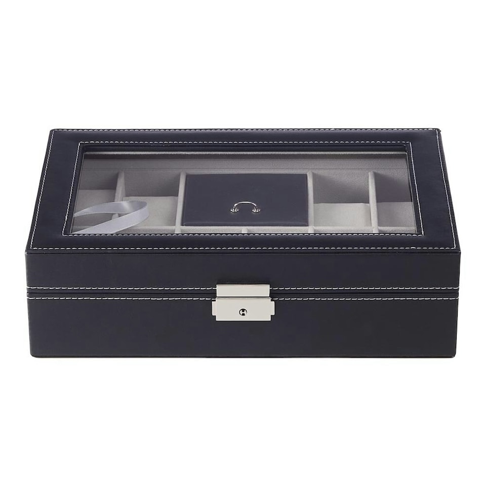 image 1 of Living and Home 8-Slot Black PU Leather Watch Display Box with Ring Slots