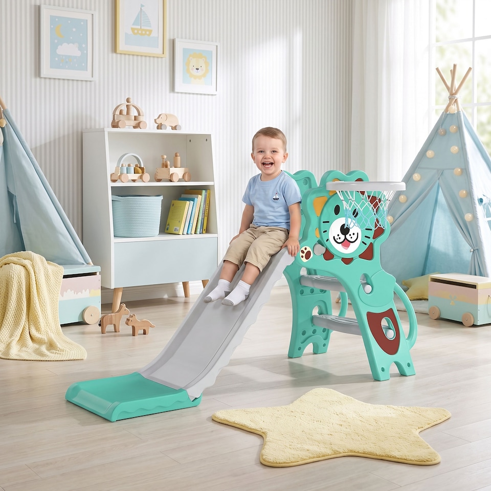 image 1 of AIYAPLAY 3 in 1 Kids Slide for Indoor with Basketball Hoop - Blue