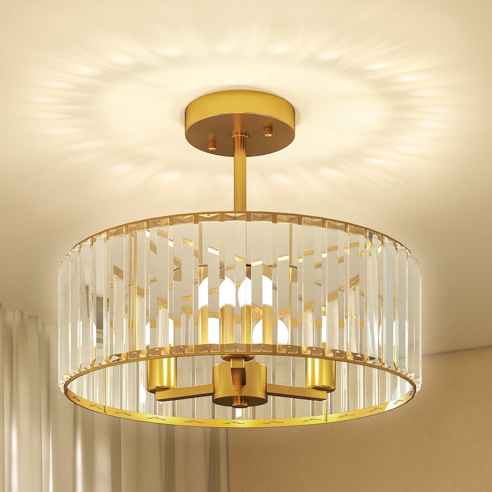image 1 of HOMCOM Semi Flush Mount Modern Crystal Chandelier Ceiling Light, Gold Tone
