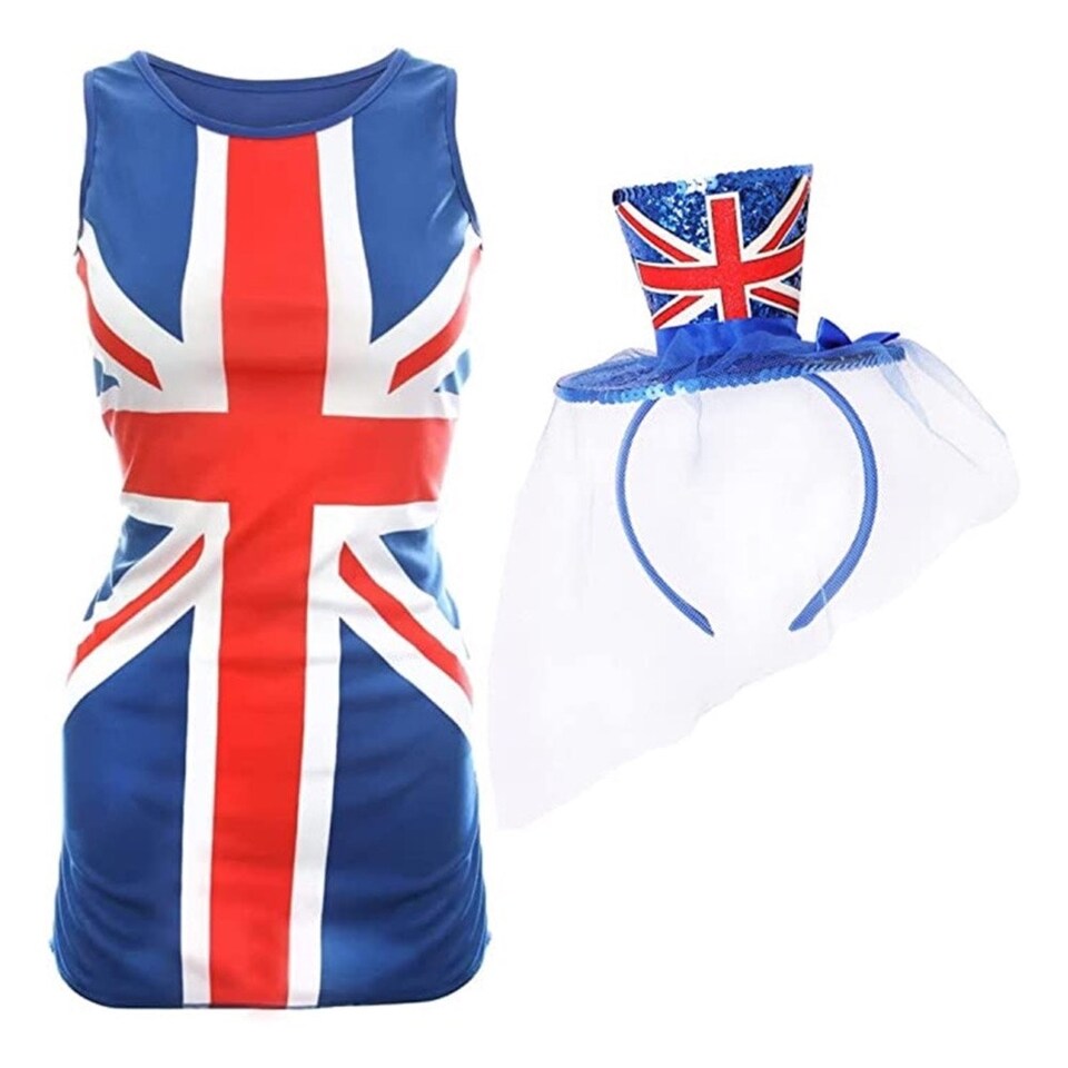 image 1 of Union Jack Dress & Glitter Fascinator Hat Headband | Red | XL