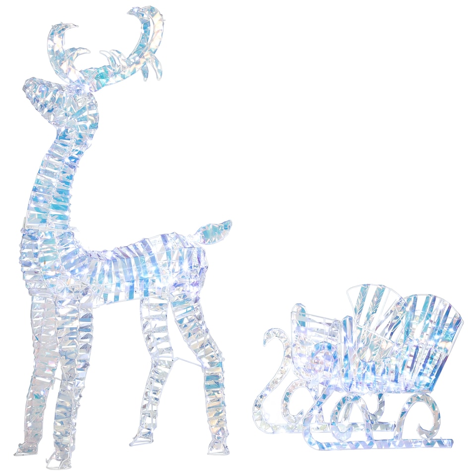 image 1 of Outsunny Lighted Christmas Reindeer with Sleigh, Outdoor Yard Reindeer with 170 Warm White LED Lights, Holiday Decor with Stakes, Waterproof, Silver