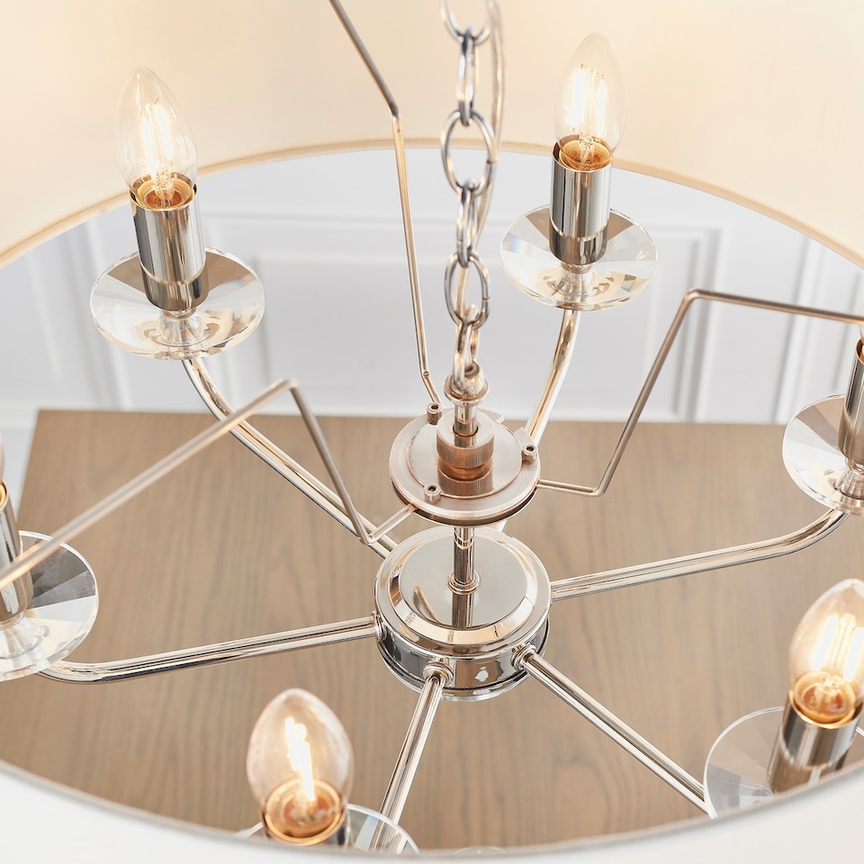 image 1 of Nixon 6 Light Multi Arm Ceiling Pendant Nickel Plate, White Silk Effect, E14