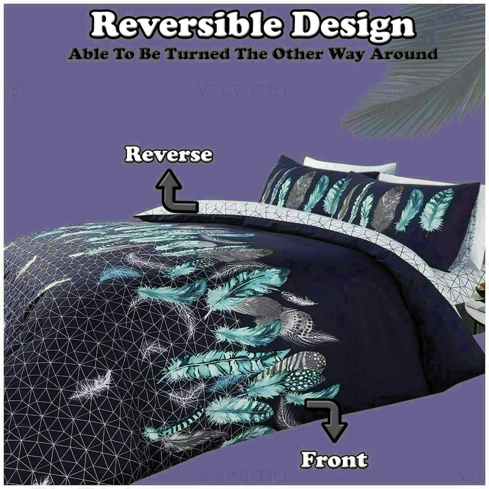 image 1 of VELVETIO Feathers Geometric Printed Duvet Cover Set Reversible Polycotton Beddings Grey | Super King