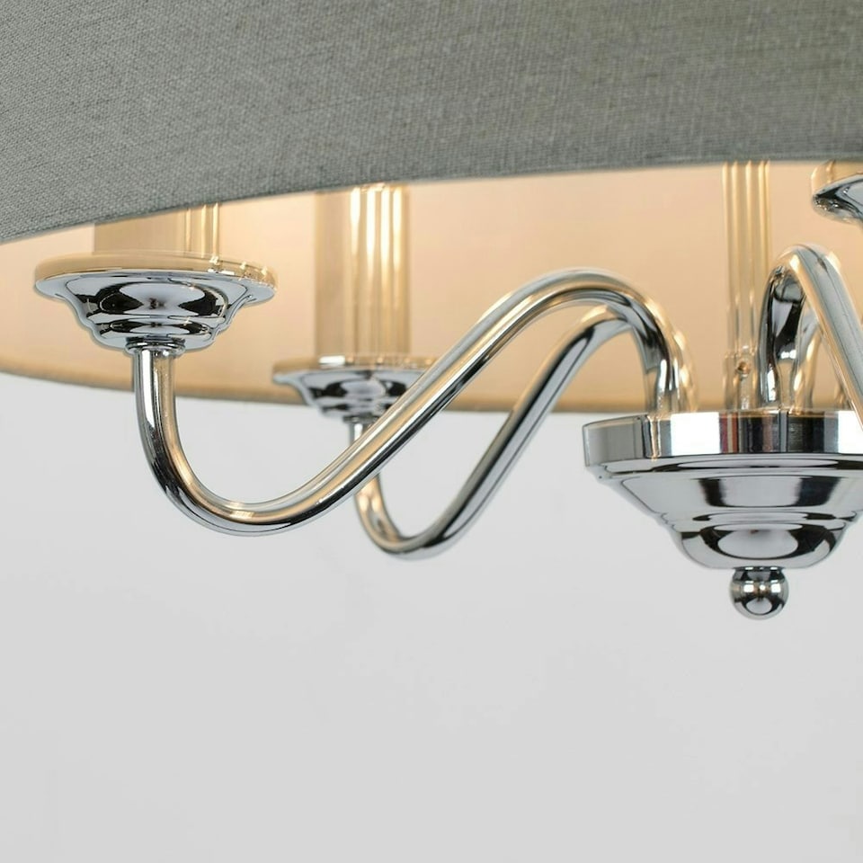 image 1 of ValueLights Rocha Modern Chrome 5 Way Curved Arm Grey Linen Slimline Drum Ceiling Light Pendant with LED Bulb