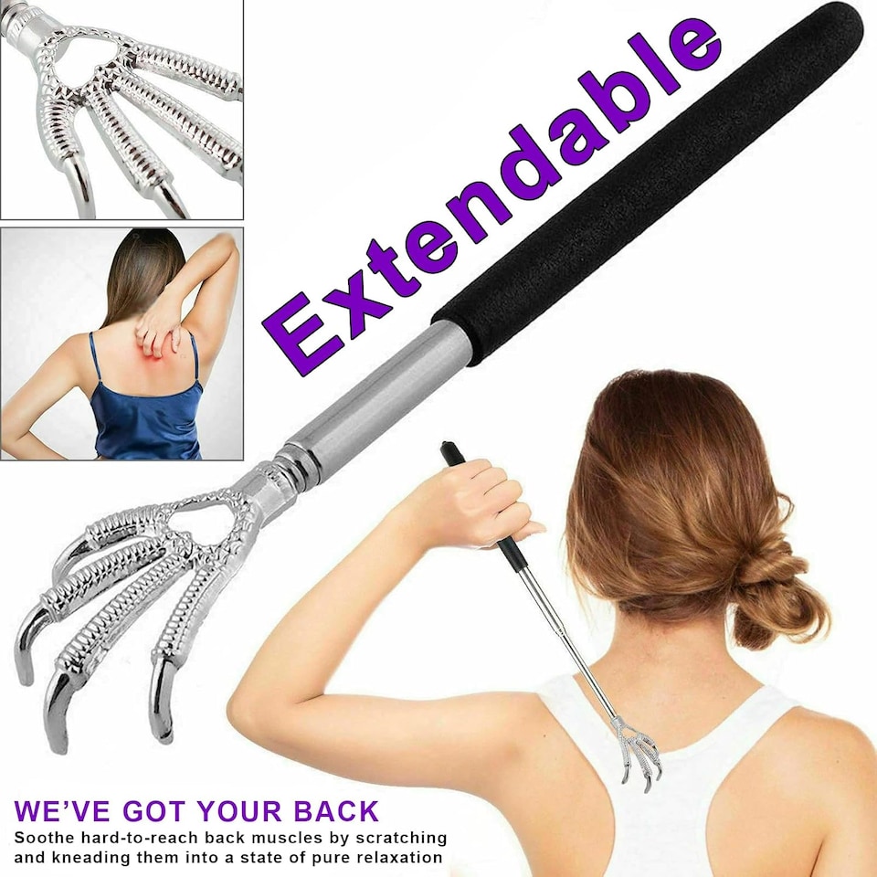 image 1 of Extendable Back Scratcher Black Telescopic Eagle Claw Metal Massager Hand with Long Reach Handle for Itch Relief and Body Massage