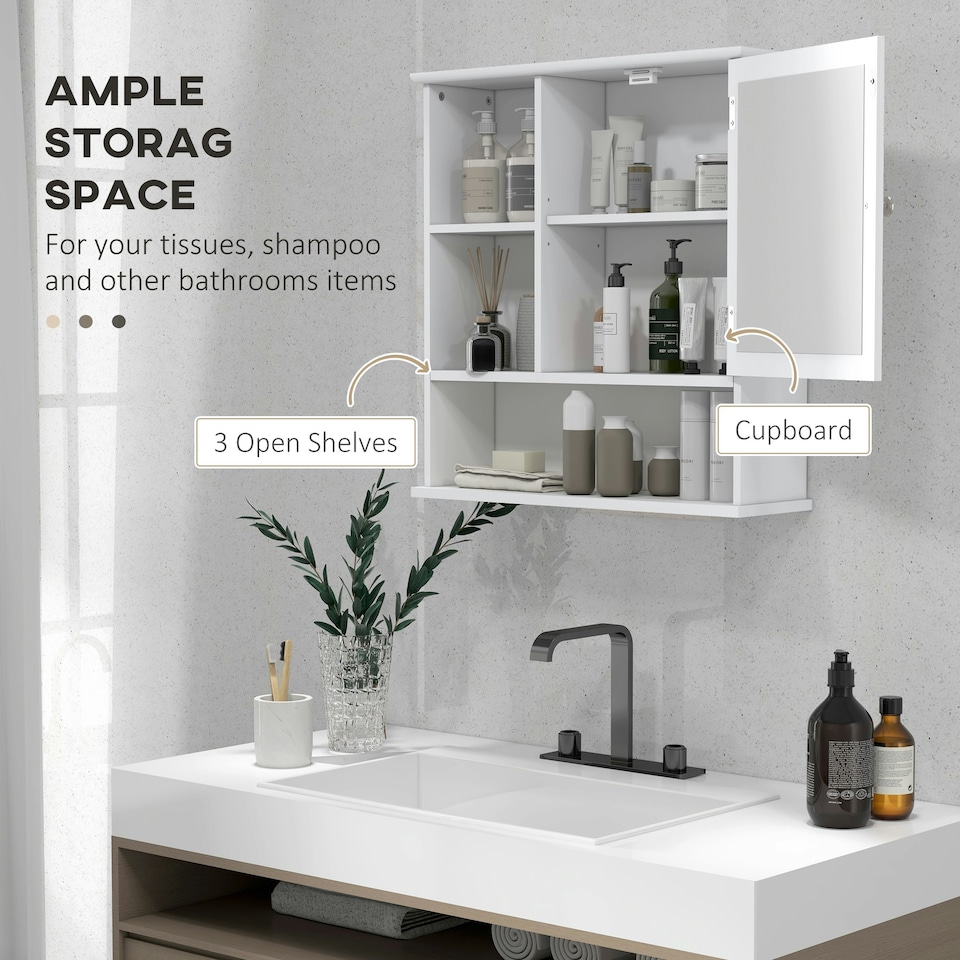 image 1 of kleankin Wall Mounted Bathroom Mirror Glass Storage Cabinet Cupboard with Shelf