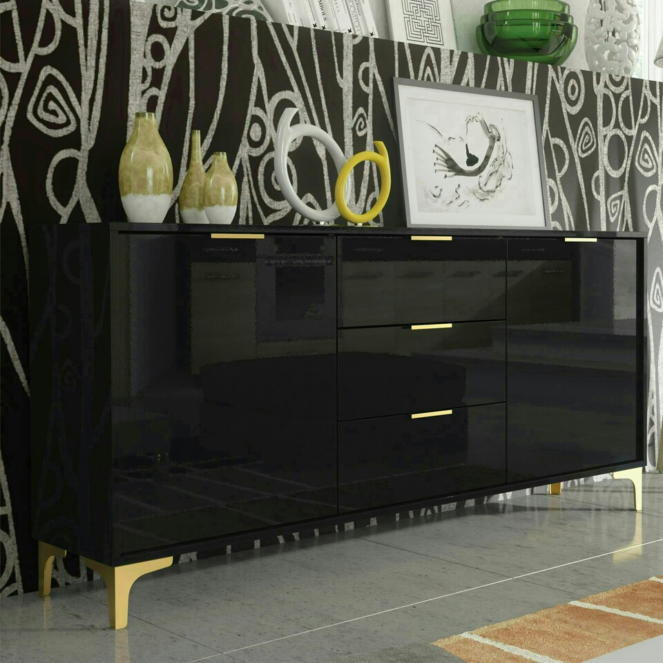 image 1 of Sideboard 140cm Black High Gloss with Gold Accents | Black