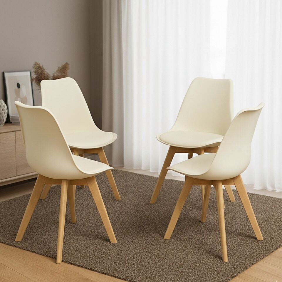 image 1 of Dining Table Set Oak Effect Table With 4 Cream Plastic Chairs Dining Room Furniture | Cream | One Size | 5