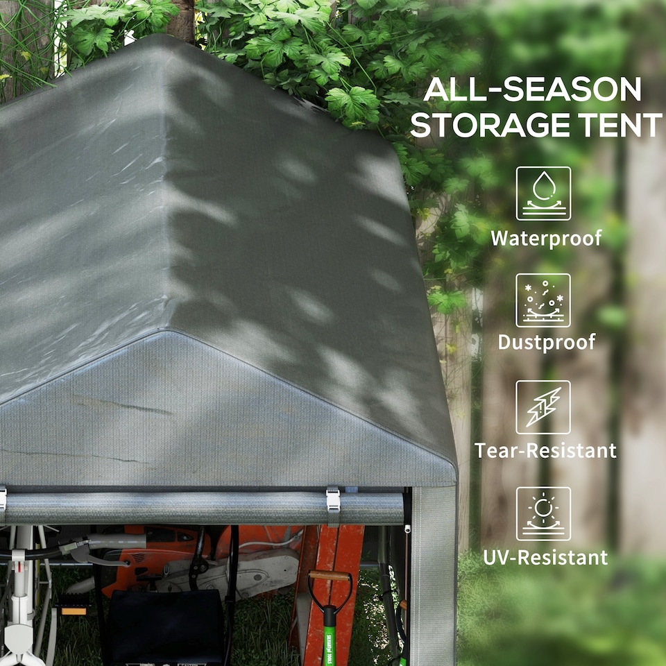 image 1 of Outsunny 1.2 x 1.8m Garden Storage Shed Tent, Portable Shed Shelter with Galvanised Steel Frame and Large Door, for Motorbike, Garden Tools, Bike Storage | Grey | 1