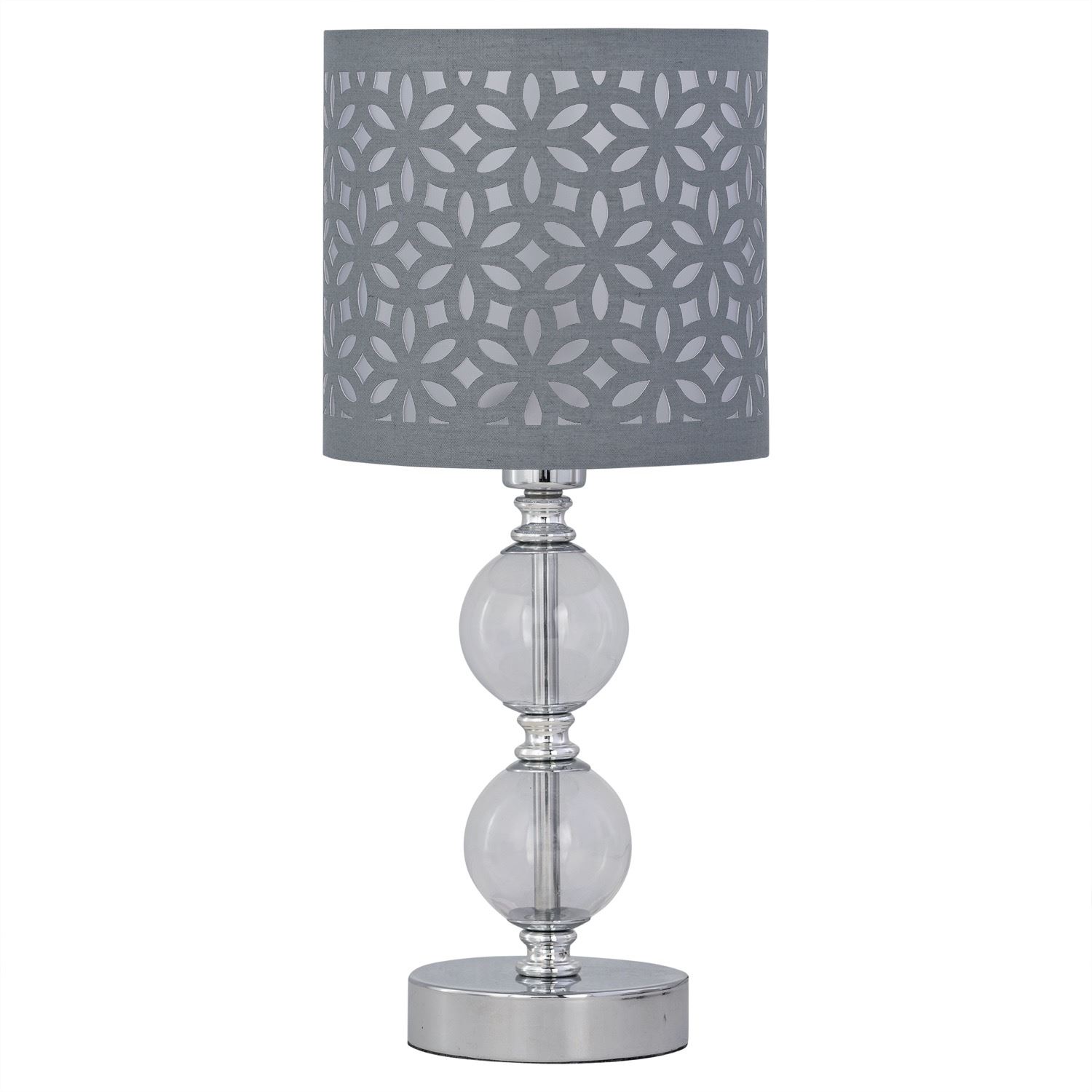 First Choice Lighting Chrome Two Ball Table Lamp with Grey Cut Out Shade in Silver