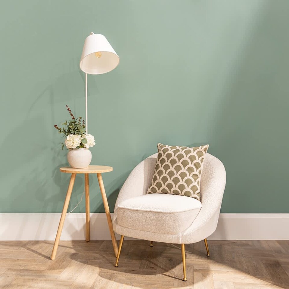 image 1 of ValueLights Freja Tripod Oak Effect Side Table Floor Lamp with White Tapered Shade
