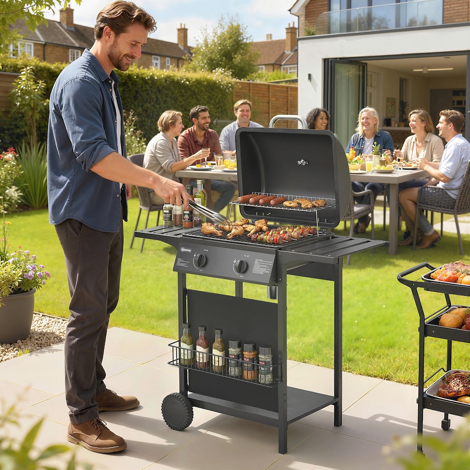 image 1 of Outsunny Gas Burner Barbecue Grill, Garden BBQ Grill with Warming Rack | Black | Black | 99 x 56 x 95 cm
