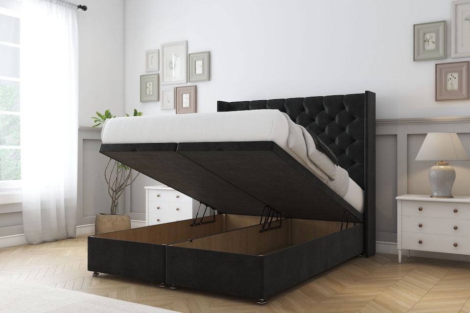 image 1 of Sloomy Dior Black Plush Ottoman Bed Base With 54" Wingback Headboard 6' Super King | Black | Black | Super King | 1