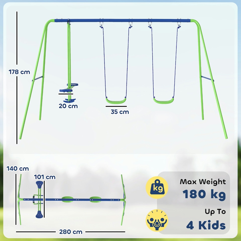 image 1 of Outsunny Metal Swings Set w/ Glider, Adjustable Height, Green