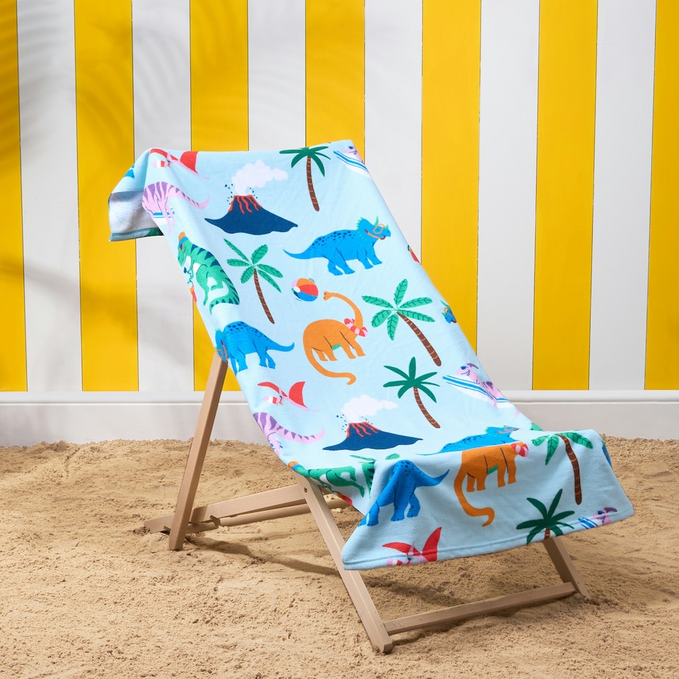 image 1 of Brentfords Kids Dino Beach Print Absorbent Holiday Travel Beach Bath Towel Blue | One size