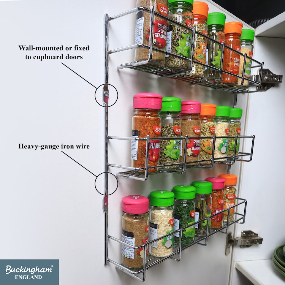 image 1 of Buckingham 3-Tier Spice Rack Cupboard Jar & Packet Organizer for Kitchen Storage 38.5 cm | Silver