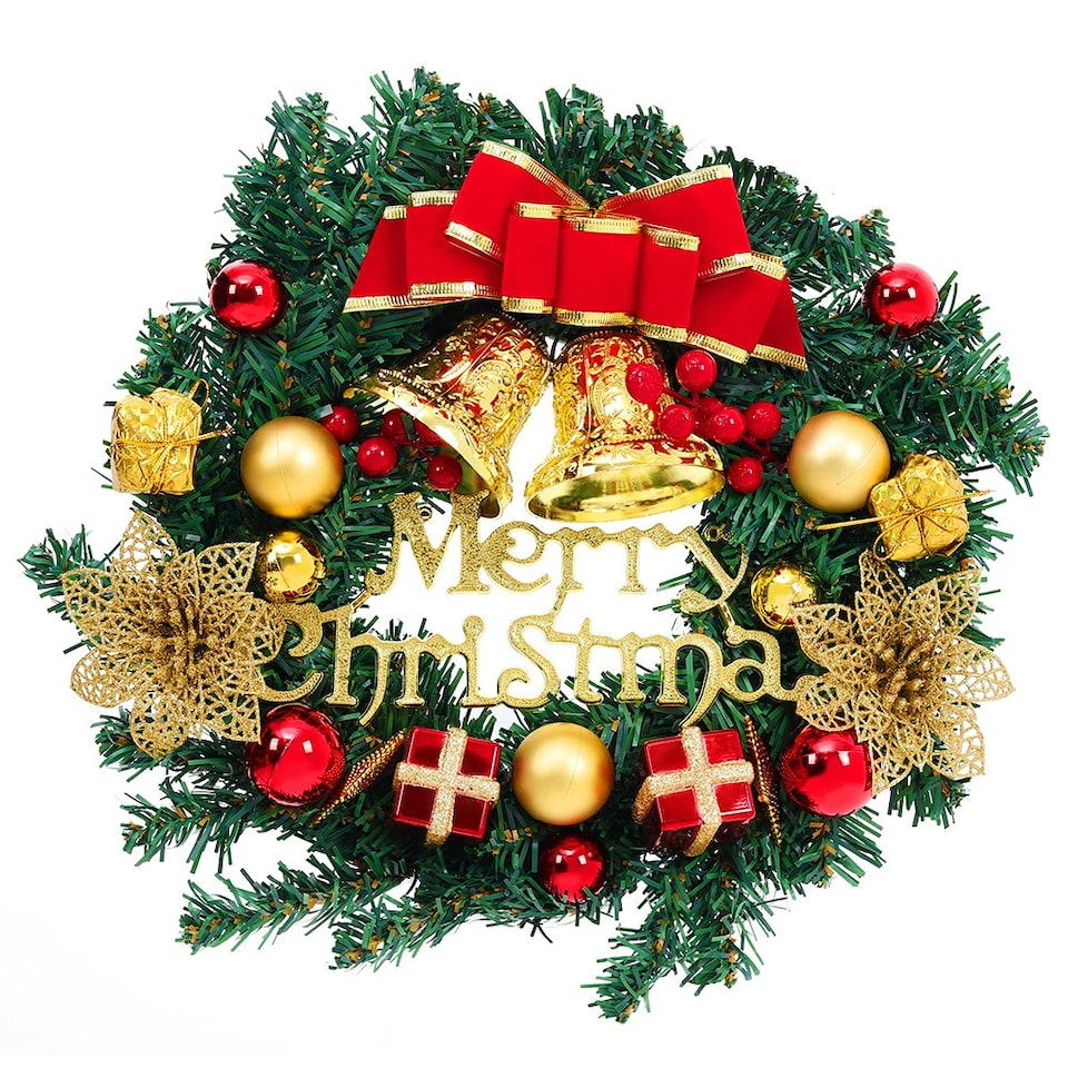 image 1 of Living and Home Christmas Artificial Wreath with Bells Bow Knots- 30cm