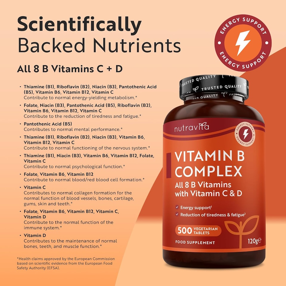 image 1 of Nutravita Vitamin B Complex High Strength with Vitamin D + Vitamin C for Energy-Yielding Metabolism - Reduction of Tiredness (EFSA) - 500 Tablets