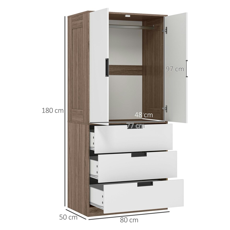 image 1 of HOMCOM 2 Door Wardrobe Brown Wardrobe with 3 Drawer and Hanging Rod Brown