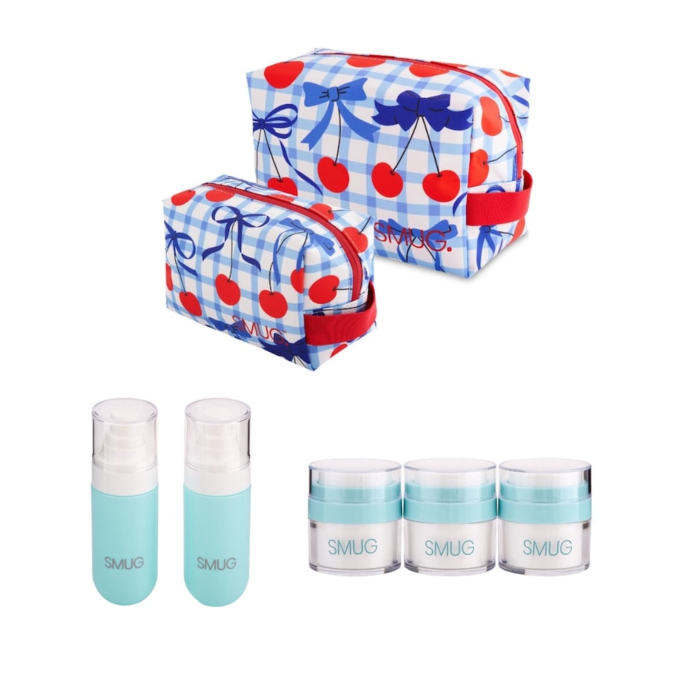 image 1 of SMUG Wash Bag, Toiletry Bag, Pump Jars & Spray Bottles Set - Blue Cherries Print