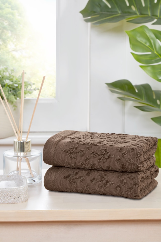 image 1 of Versailles Jacquard Pure Cotton Face Cloth Towels Set Of 4 | Brown | Face cloth | 4