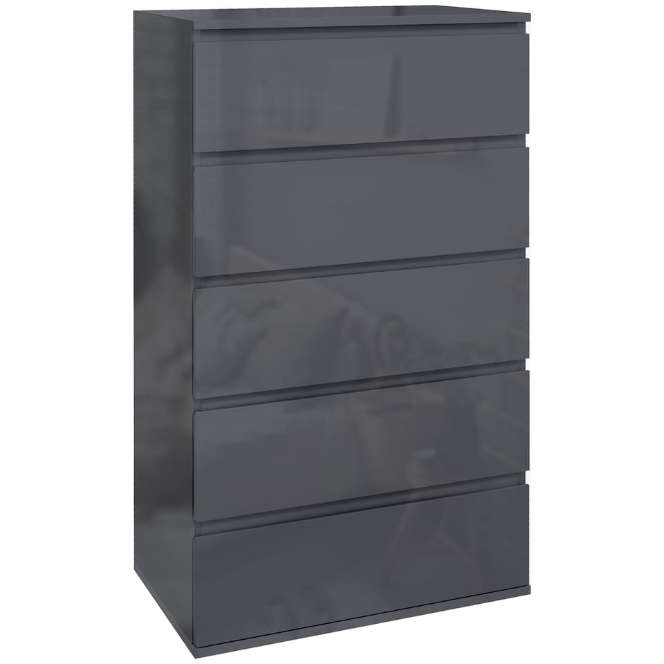 image 1 of HOMCOM High Gloss Chest of Drawers, Modern 5 Drawer Dresser with Soft Closing Mechanism for Bedroom, Grey