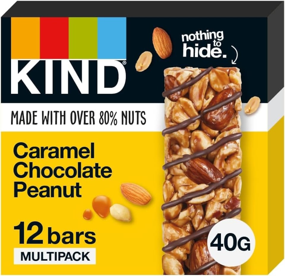 image 1 of KIND Bars, Gluten Free Snack Bars, Caramel Chocolate Peanut, High Fibre, No Artificial Colours, Flavours or Preservatives, Multipack 12 x 40g | Yellow