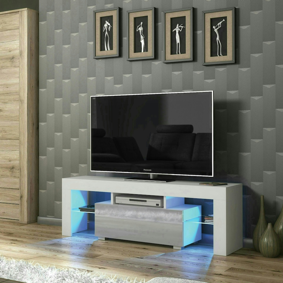 image 1 of TV Unit 130cm Grey Gloss Door White Matt Body with Glass Sides Free LED White | Grey