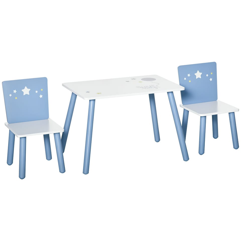 image 1 of HOMCOM 3 Pcs Kids Table & Chairs Dining Set Wood Legs Safe Corners Stars Seating Blue