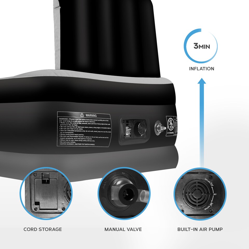 image 1 of Get Fit Air Bed With Built In Electric Pump - Premium Single Airbed - Quick Blow Up Bed With Headboard & Free Inflatable Pillow | Black | Black / Grey | 1