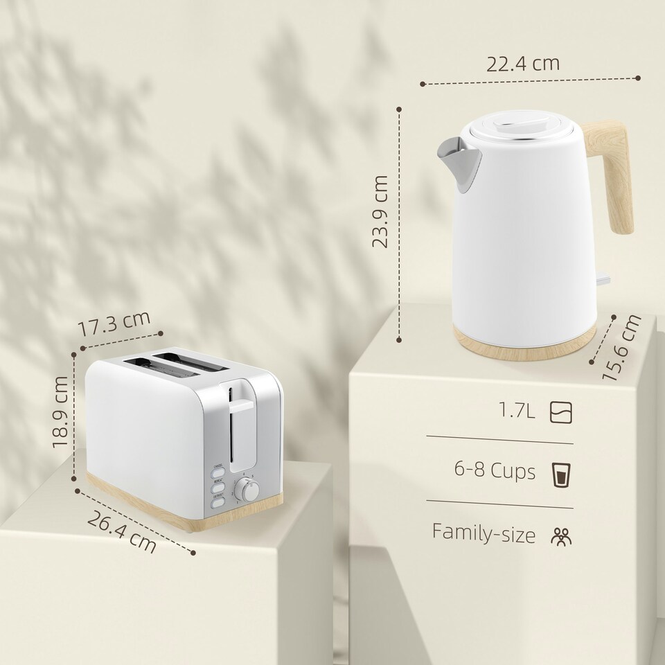 image 1 of HOMCOM 1.7L Electric Fast Boil Kettle and 2 Slice Toaster Set, White