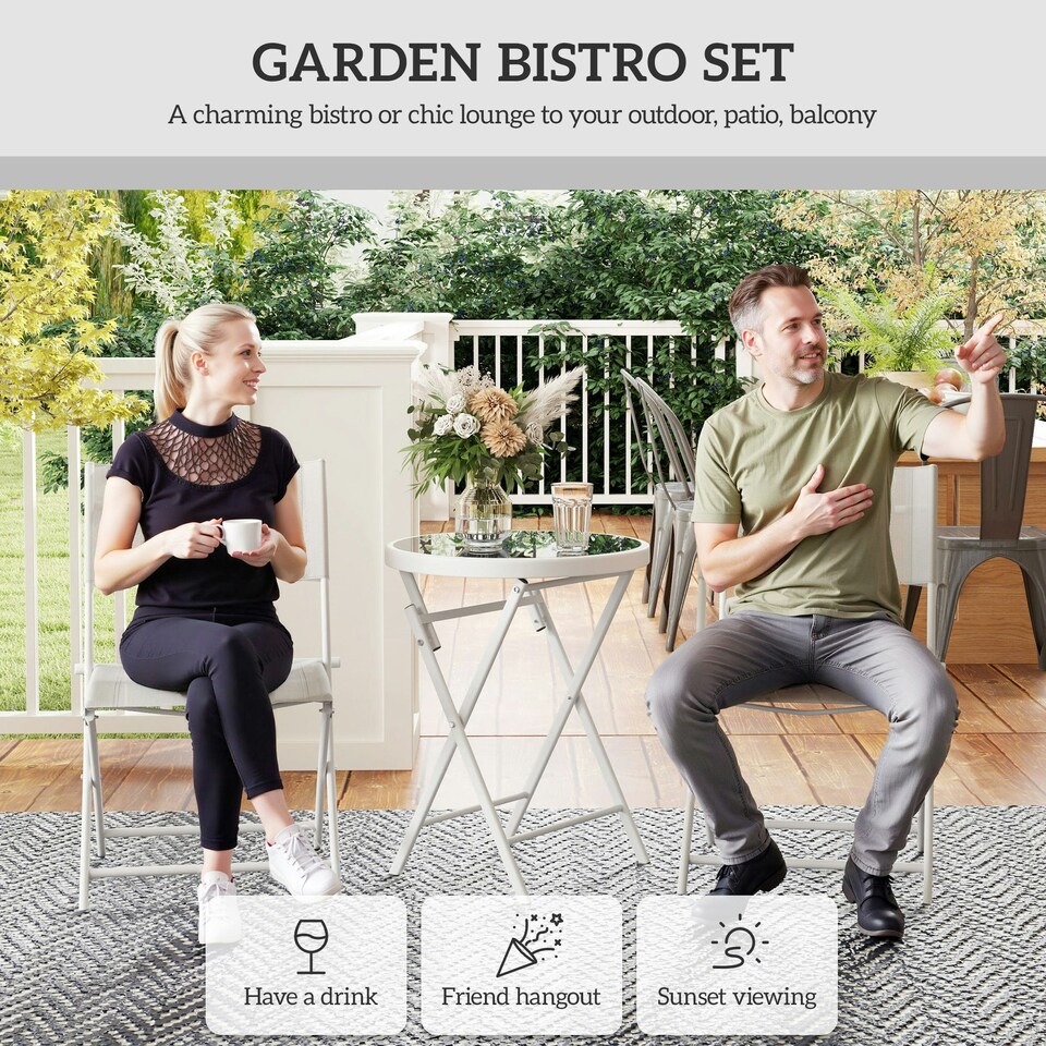 image 1 of Outsunny 3 Pieces Outdoor Bistro Set, Glass Top Table and Chairs, White