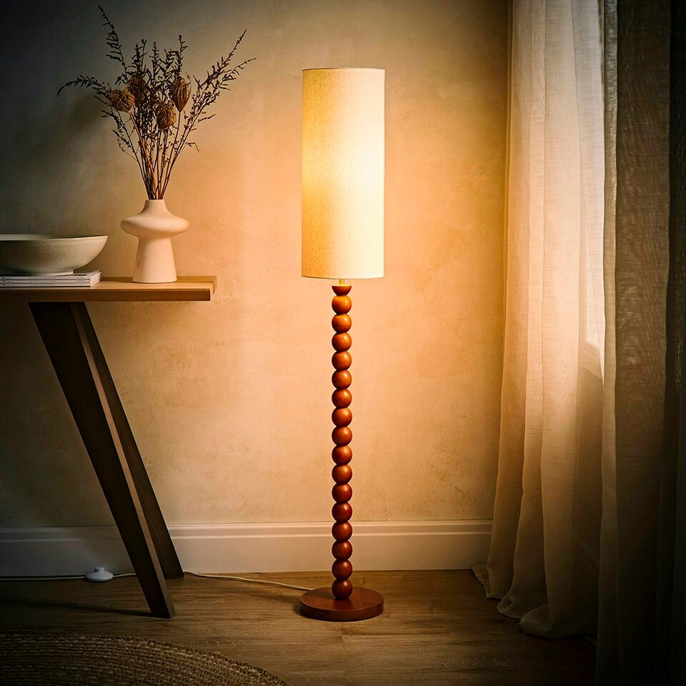 image 1 of ValueLights Wyatt Natural Linen Tall Lamp Shade Walnut Wood Bobbin Floor Lamp Cream