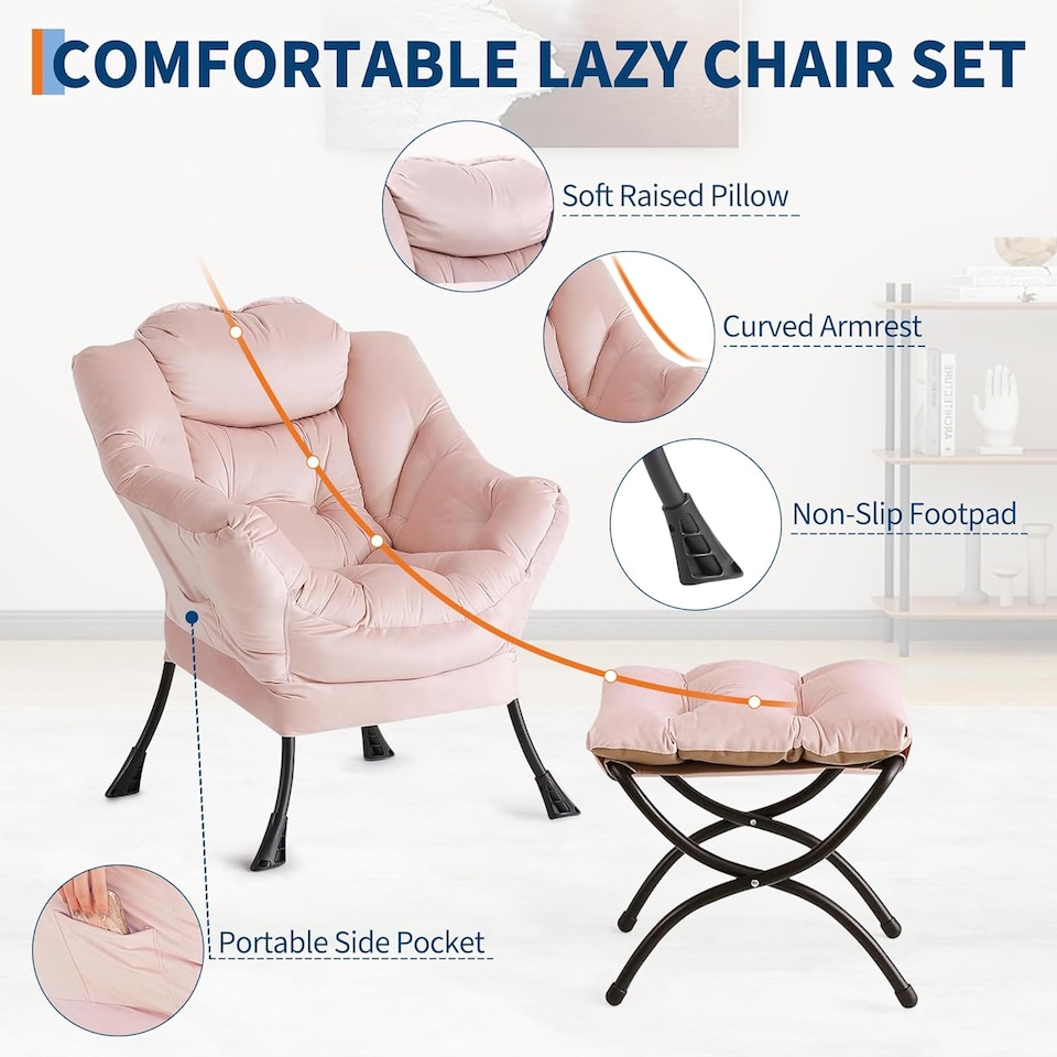 image 1 of London Boutique Velvet Armchair Soft Upholstered Lounge Chair with Ottoman - Pink