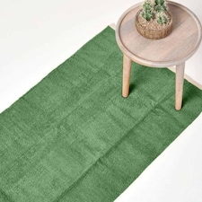 Homescapes Dark Olive Cotton Plain Chenille Runner with Natural Trim - 66 x 200 cm | Green | Dark Olive