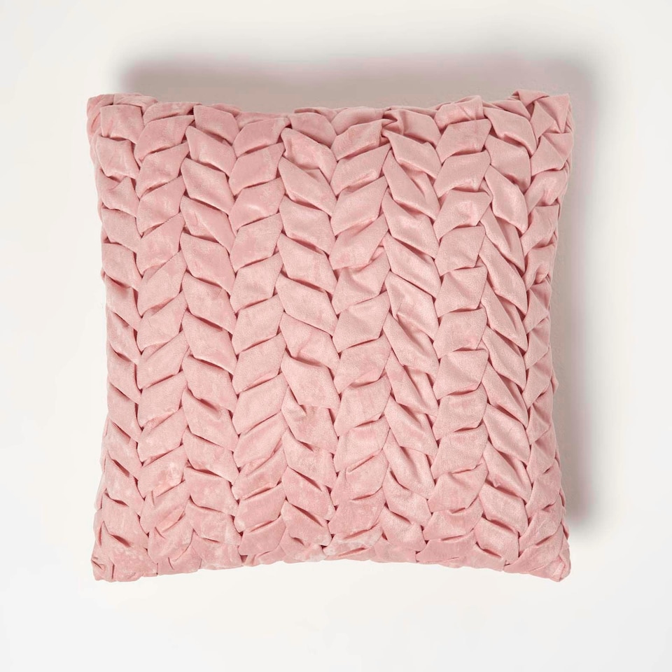 image 1 of Homescapes Grace Pleated Pink Velvet Cushion - 45 x 45 cm | Multi | 45 x 45 cm | 1