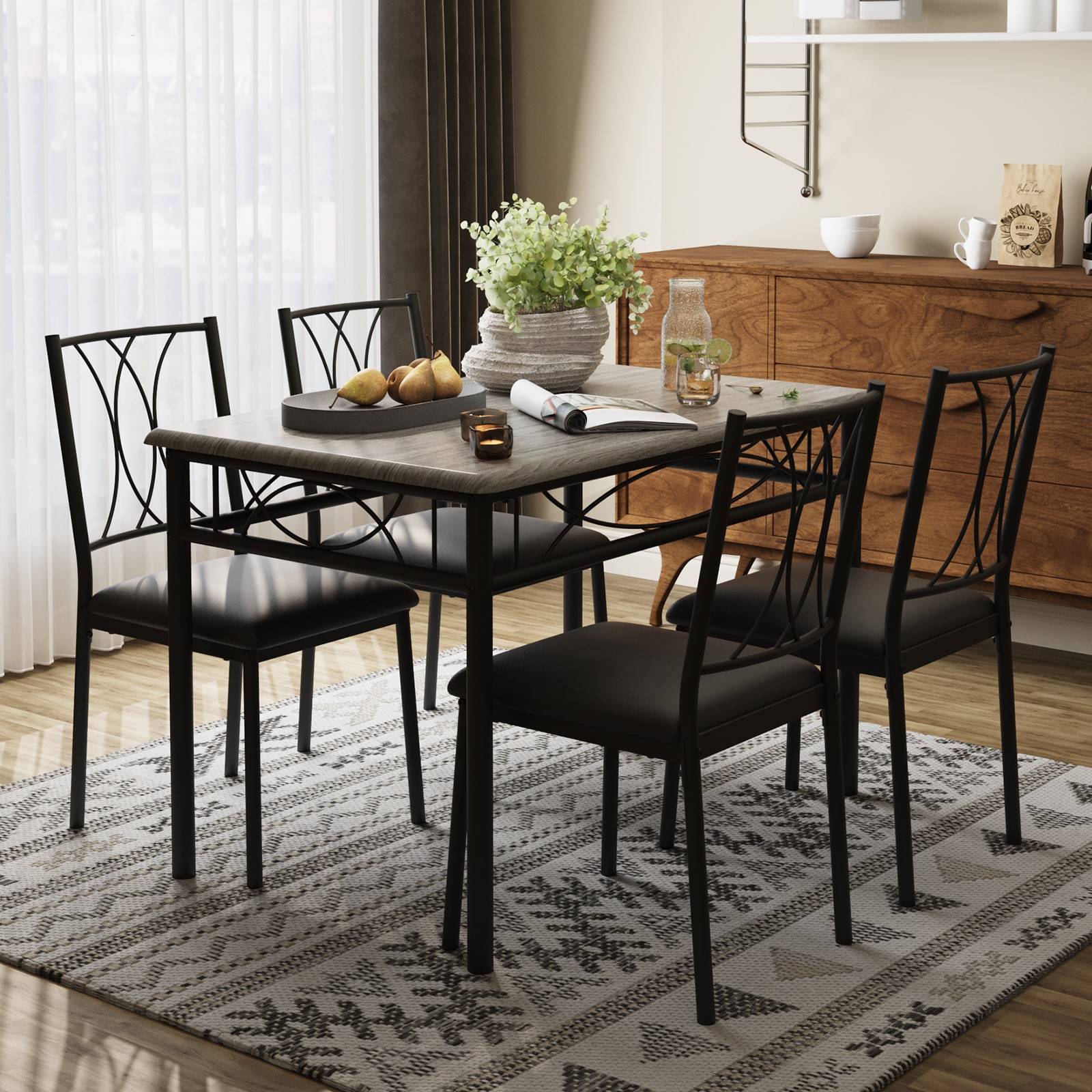 London Boutique 4 Seater Dining Table and Chairs Set, Set of 5 Rectangular Kitchen Table with Upholstered Seats